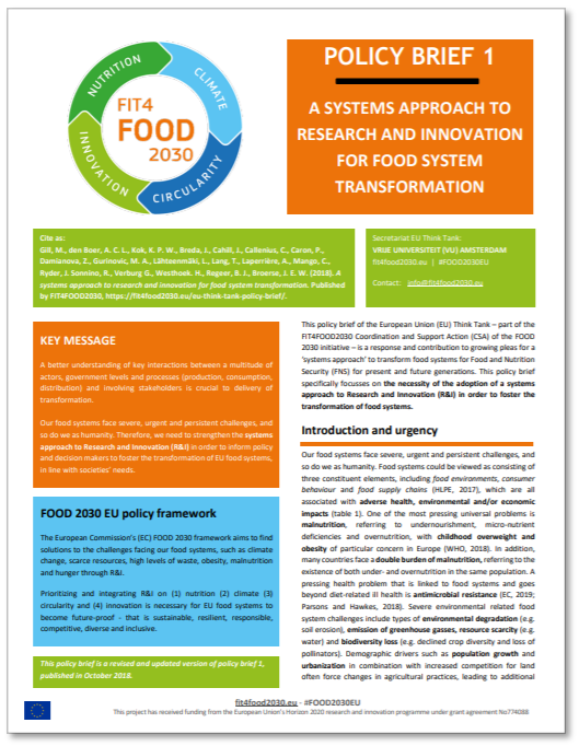 FIT4FOOD2030 policy brief: A systems approach to research and innovation for food system transformation