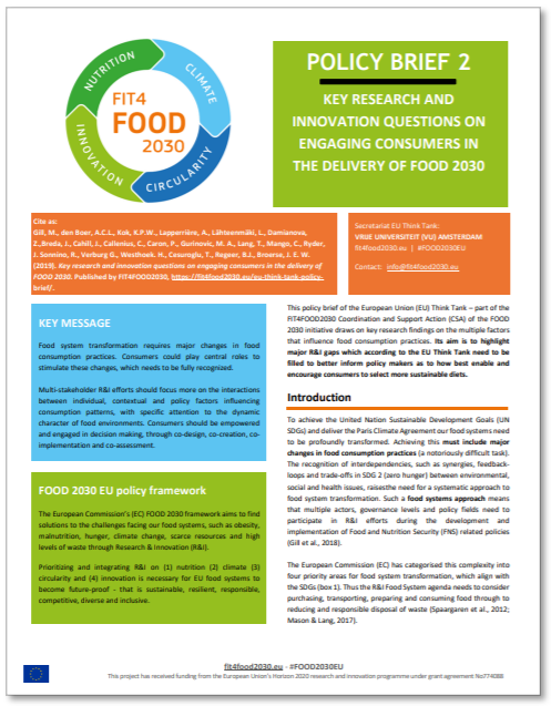 FIT4FOOD2030 policy brief: Key research and innovation questions on engaging consumers in the delivery of food 2030